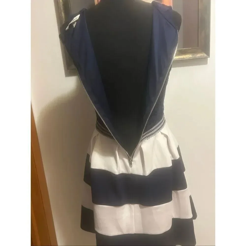 Speechless Juniors Size L Navy White Stripe Lace Fit & Flare Sleeveless Dress